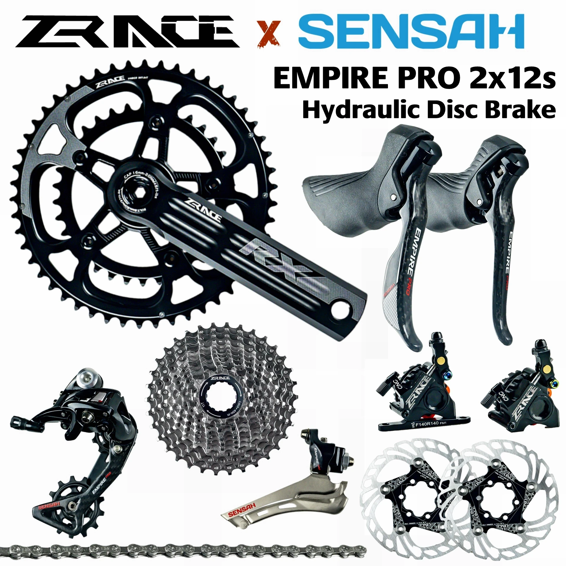 

SENSAH EMPIRE PRO 2x12 Speed Road Groupset, R/L Shifter + R/F Derailleurs + ZRACE RX Crank / Disc Brake , carbon fiber 24s