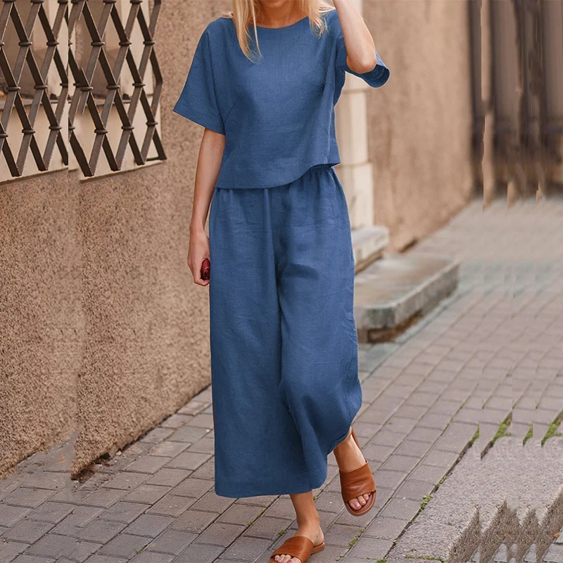 

2021 Summer Casual Cotton Linen Women Two Piece Set Fashion O Neck Short Sleeve Tops + Wide Leg Pants Suits Solid Loose Outfits