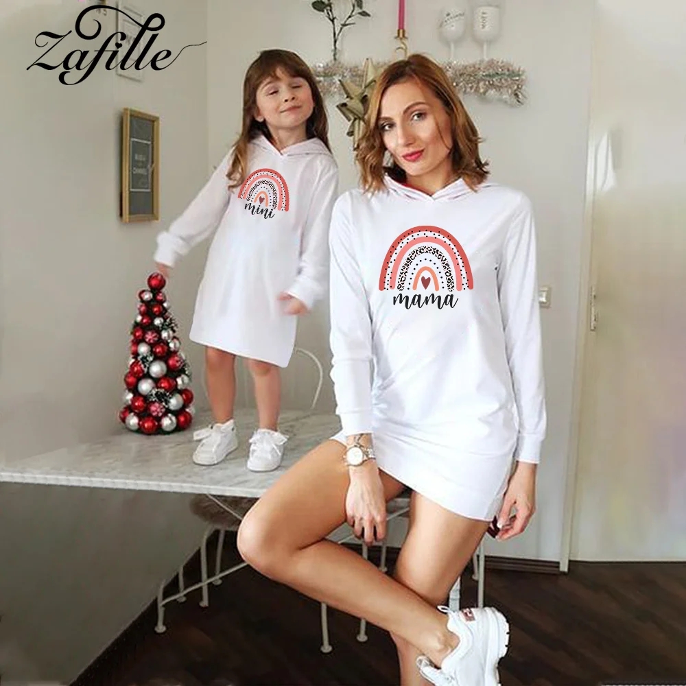 

ZAFILLE Mother Daughter Matching Clothes Rainbow print Hoodies Dress Mom And Daughter Outfit Family Look Mommy And Me Same Dress