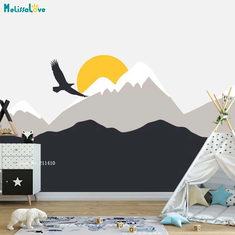 

Simple Mountains With Flying Eagle Sun Rise Wall Stickers Nursery Decor Boys Kids Room Decals Self-adhesive Decals YT5235