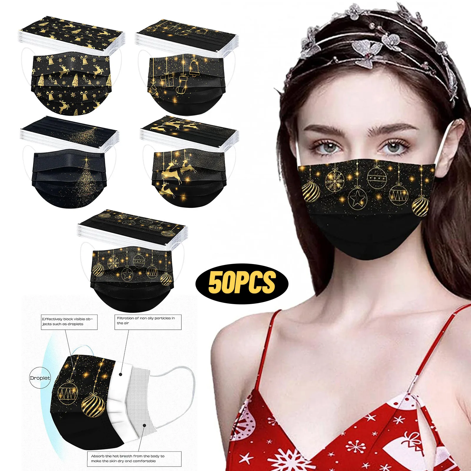 10pcs Adults Christmas Disposable Mask Mascarillas Unisex Gold Elk Print Black Mask 3layer Facemask Mascherine cubrebocas 