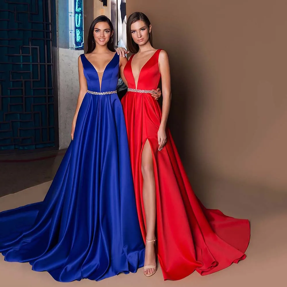 

Yipeisha V-neck Side Slit Prom Dresses Simple V-neck Sleeveless Evening Dress Long Satin Beaded Royal Blue Party Gowns Backless