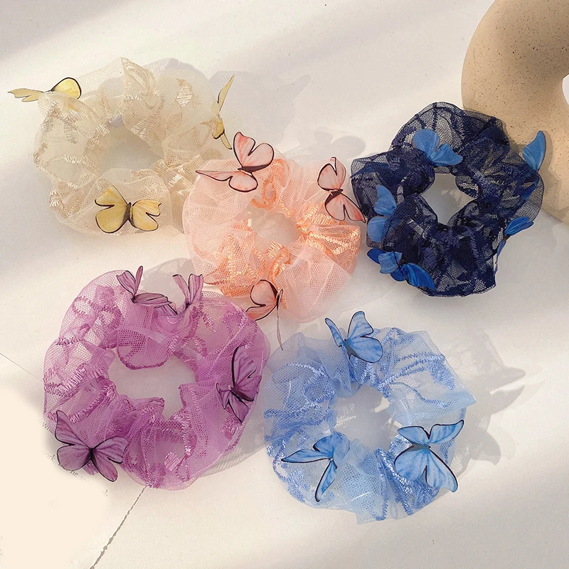 Korean Sweet Mesh Flower Scrunchie Women Girls Elastic Hair Hair Bands Butterfly Hair Ties Ponytail holders Hair Accessories