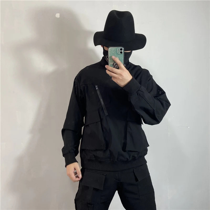 Men's Long Sleeve Hoodie Spring And Autumn New Stand-Up Collar Work Style Pocket Zipper Decoration Leisure Large Size Jacket