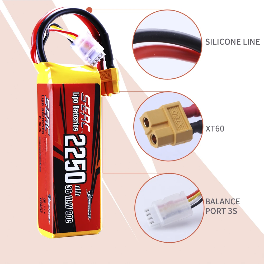 SUNPADOW 11.1V 3S RC Lipo Battery for 60C 2250mAh with XT60 Plug with Rcing Airplane Quadcopter Helicopter Drone FPV Boat 2packs