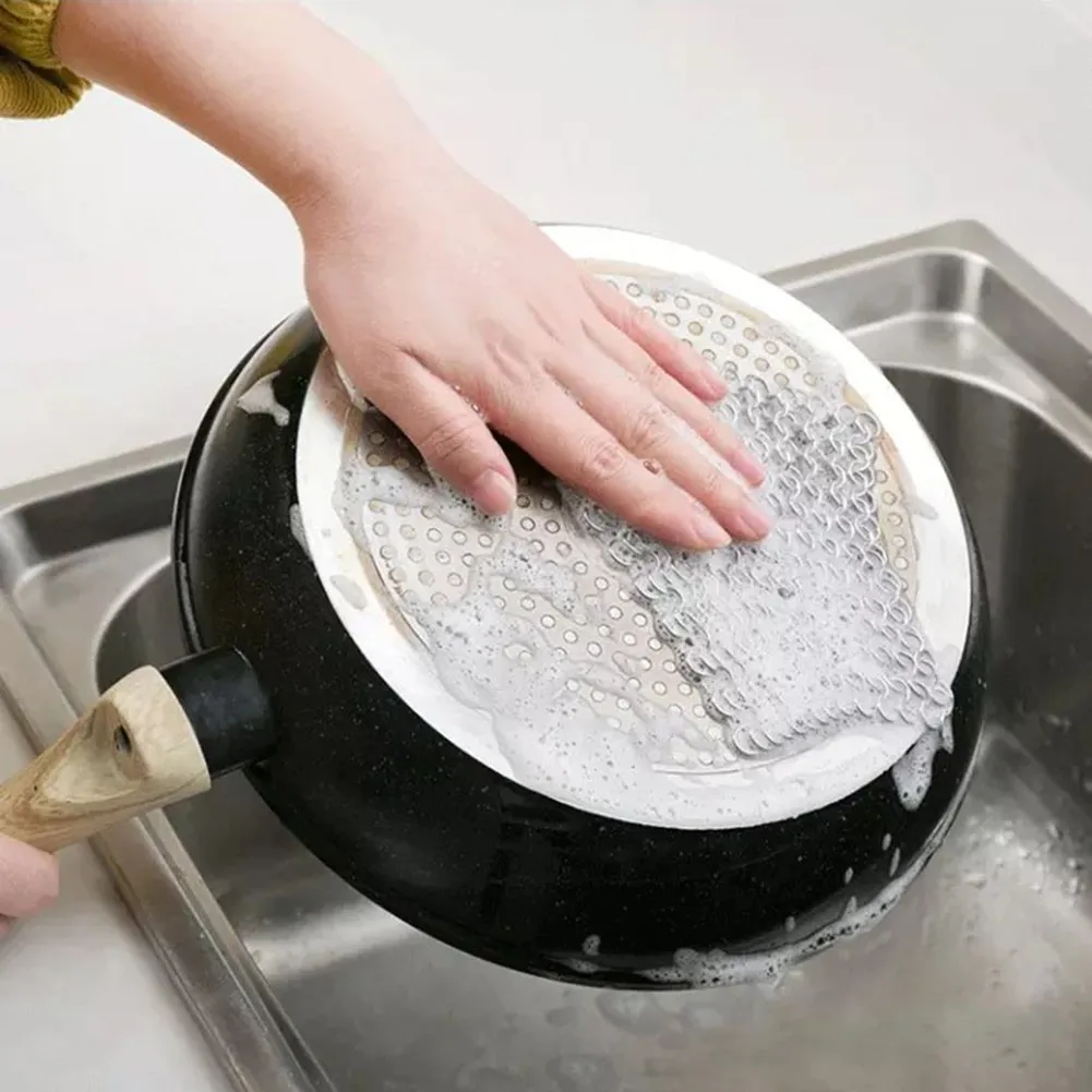 Kitchen Cleaning Ring Cloth Stainless Steel Chain Scrubber Pan Scraper Cookware Accessories Reusable Washing Net Cleaning Tool