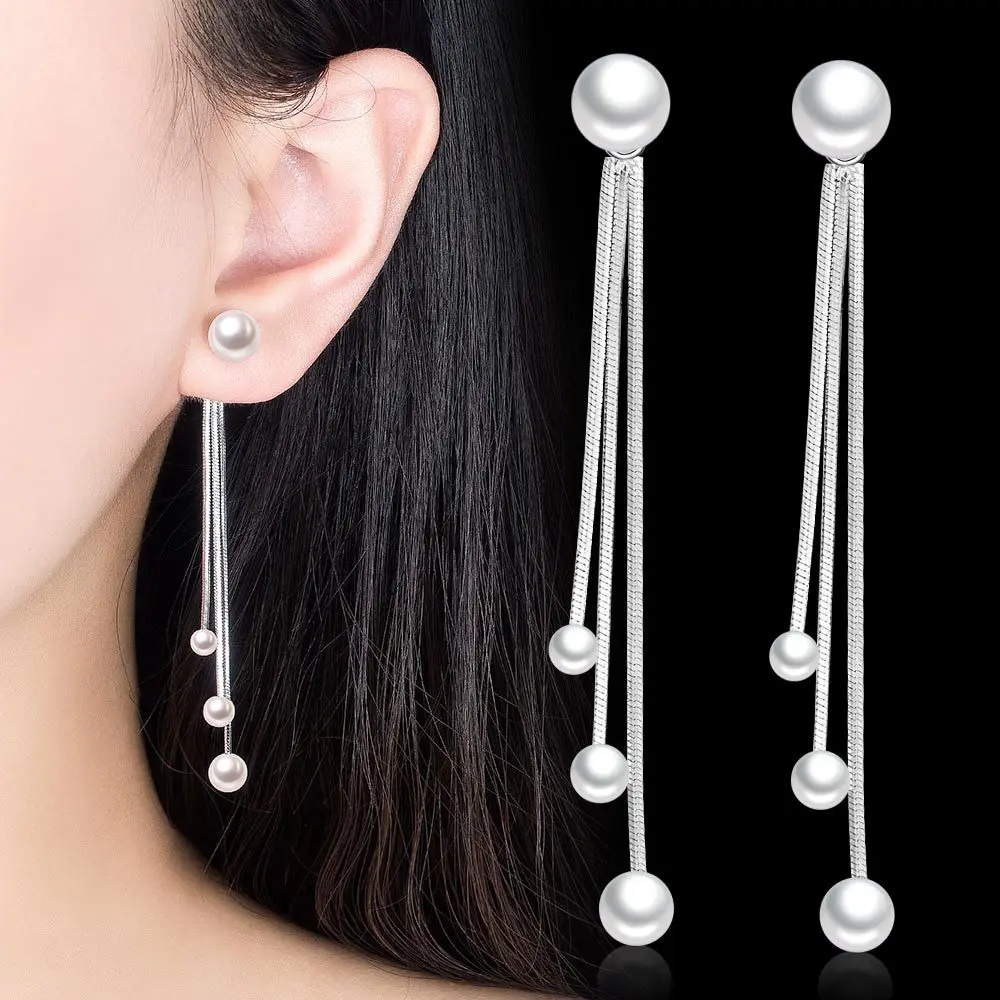 New Arrival 925 Silver Needle Fashion Pearl Beads Female Long Tassel Stud Earrings Jewellery Accessories New Year Gifts