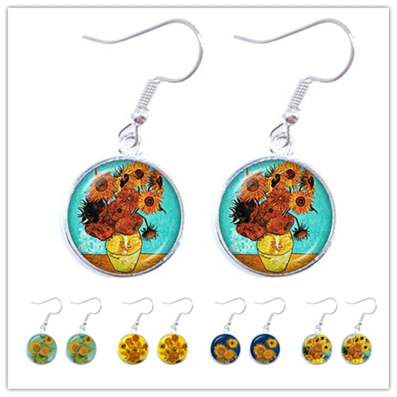 Van Gogh Oil Painting Drop Earrings Women Fashion Silver Glass Cabochon Earings Starry Night Sunflower Jewelry Women Girl Gifts