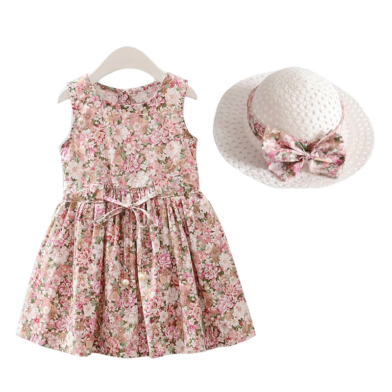 2PCS/Set Girls Dress +Hat Cotton Comfortable Children\'s Dress 2024 Summer Dress Floral Girls\' Sleeveless Dress For Children