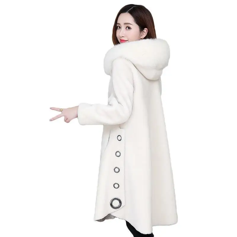 Granular Sheep Shearing Coat Women\'s Mid-Length 2023 Winter New Fox Fur Hooded All-In-One Faux Fur Clothing Jacket L33