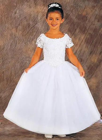 Frete grátis para casamentos 2015 primeira comunhão menina natal pageant bola vestido boné manga laço branco vestido da menina flor