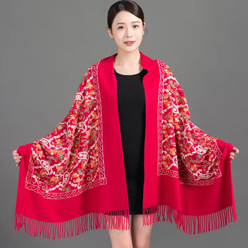 New Women Elegant Embroider Flower Fringed Shawl Long Soft Cashmere Pashmina Scarves All-match Travel Thick Blanket Wraps Scarf