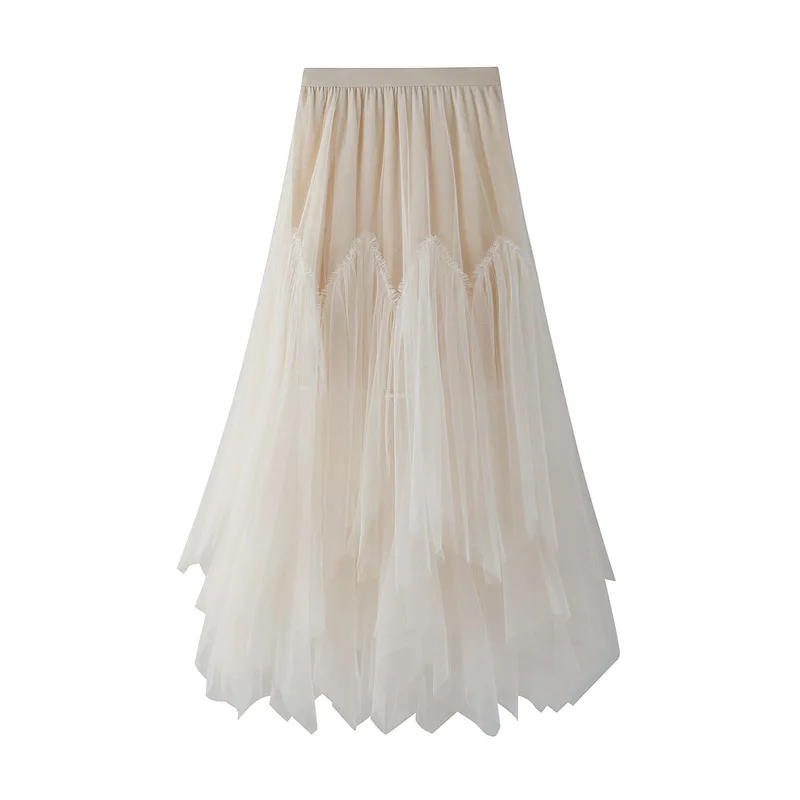 OHRYIYIE Women irregular Long Tulle Skirts Ladies High Waist Ankle-Length Tutu Maxi Skirts Beige Green Female Faldas Jupe Femme