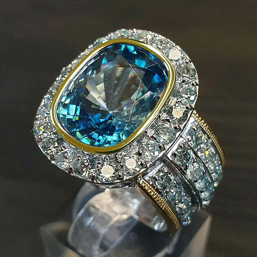 Huitan-Anillo de piedra azul cielo grande para mujer, sortija Noble de dos tonos, regalo de cumpleaños, joyería brillante