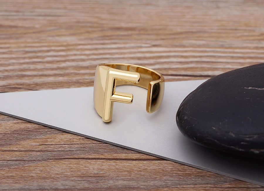Trendy Hollow A-Z Letter Gold Color Adjustable Opening Ring Initials Name Alphabet Female Chunky Wide Party Wedding Jewelry
