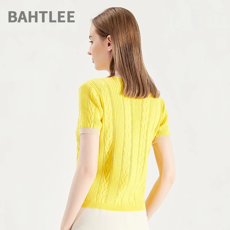 BAHTLEE-Women's Lace Knitted Pearl Sweaters, Short Sleeves, O-Neck, Merino Wool Pullovers, T-Shirt Jumper, High Elasticity