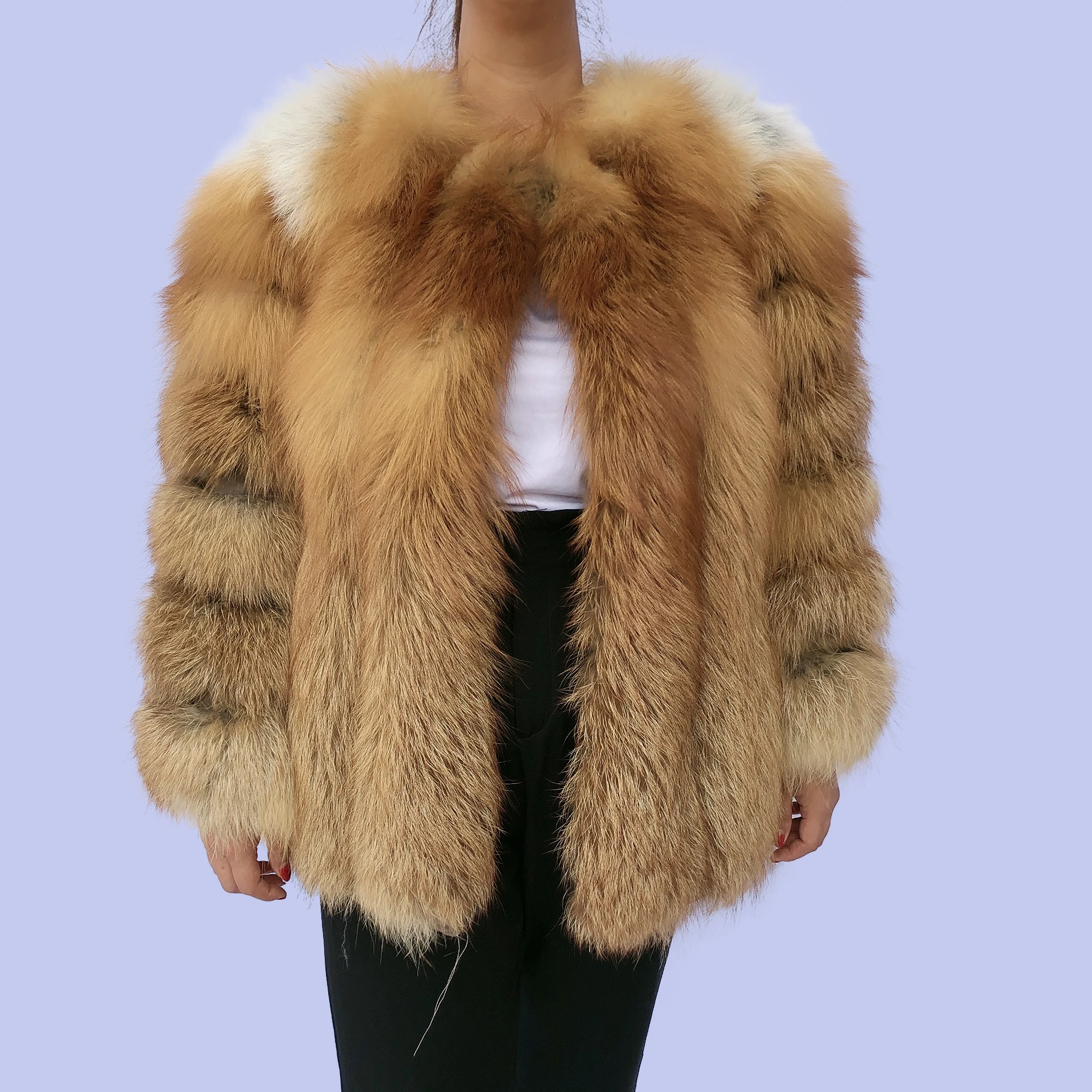 Ropa de mujer abrigo de piel Raya vertical zorro rojo plateado abrigo de piel de zorro de las mujeres abrigo de piel natural Natürliche Rotfuchs