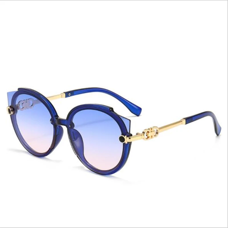 Woman blue film sunglasses Metallic gold color changing mirror Big face dress up sun visor Female cat eye glasses