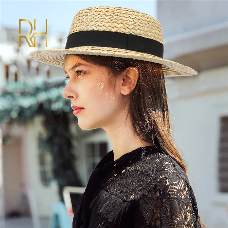 RH Spring Summer Beach hat Black Ribbon Female Thick Wide Wheat Braid Boater Hat Natural Straw Beach Visor Sun Cap