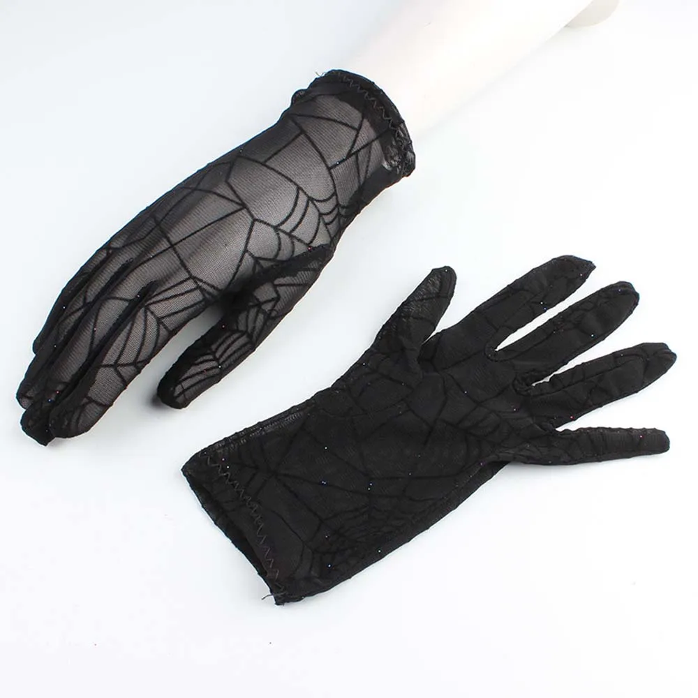 Fashion Sexy Summer Female Full Finger Short Lace Gloves Women Driving Spider Web Pattern Sun Anti-UV Black Gloves