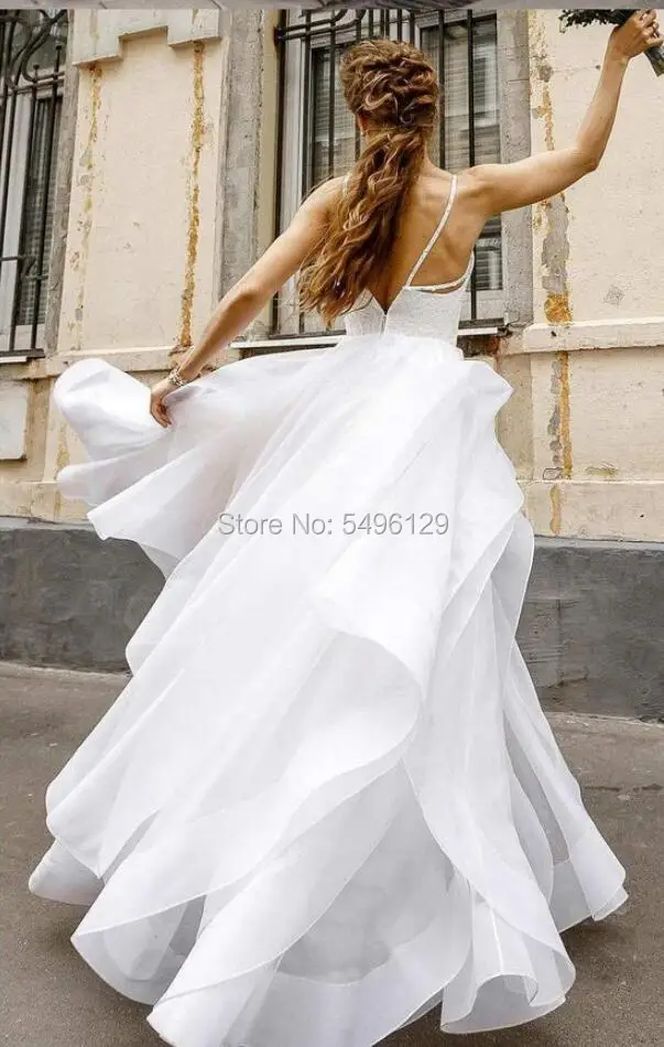 Flowy Spaghetti Straps Wedding Dresses Lace Top Vestido De Festa Off Shoulder Puffy Ruffles Skirt Backless Bride Gowns