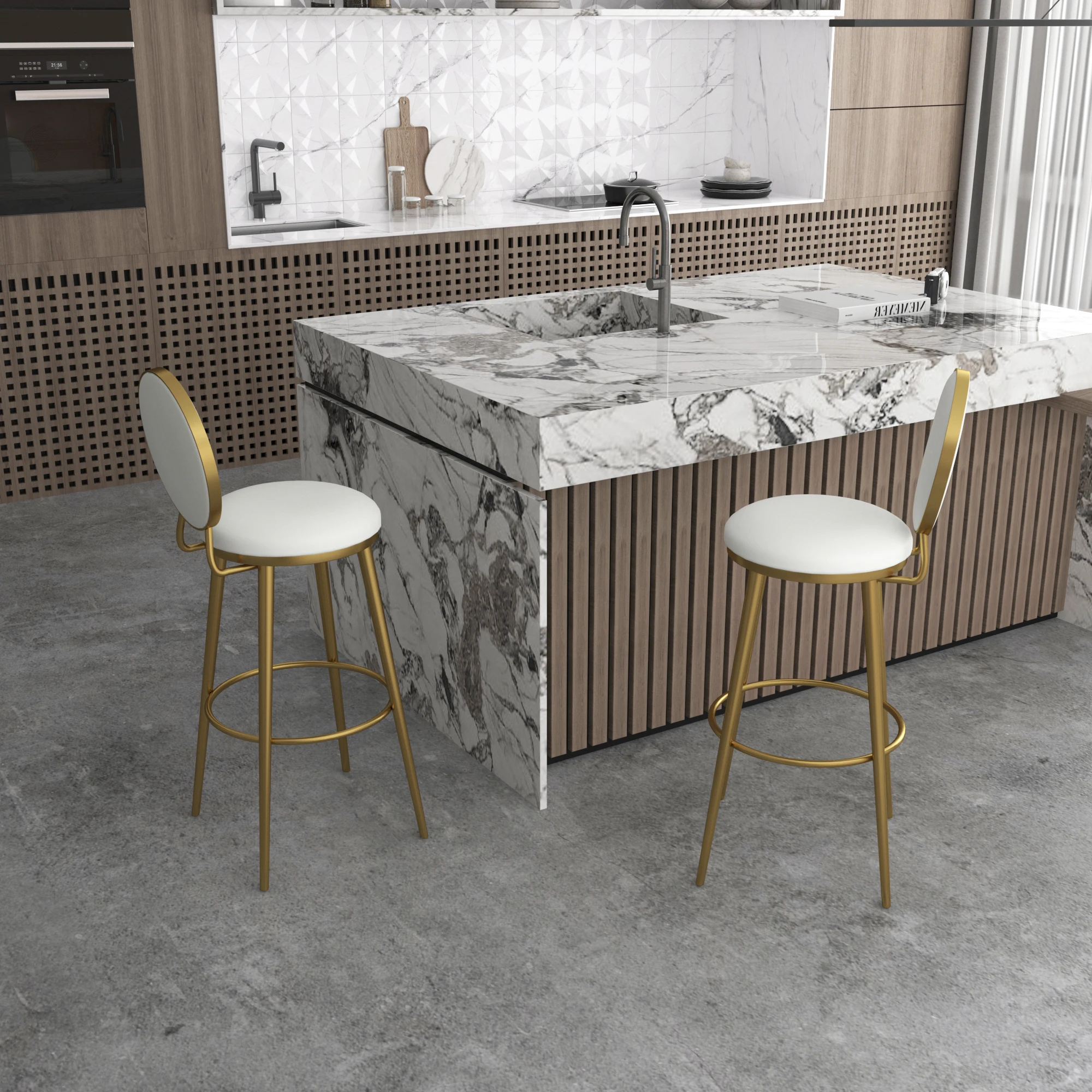 İskandinav Ferforje Bar Tabureleri Modern Minimalist Tasarım Altın Renkli Sırtlık Resepsiyon Kasiyer Yüksek Tabureleri