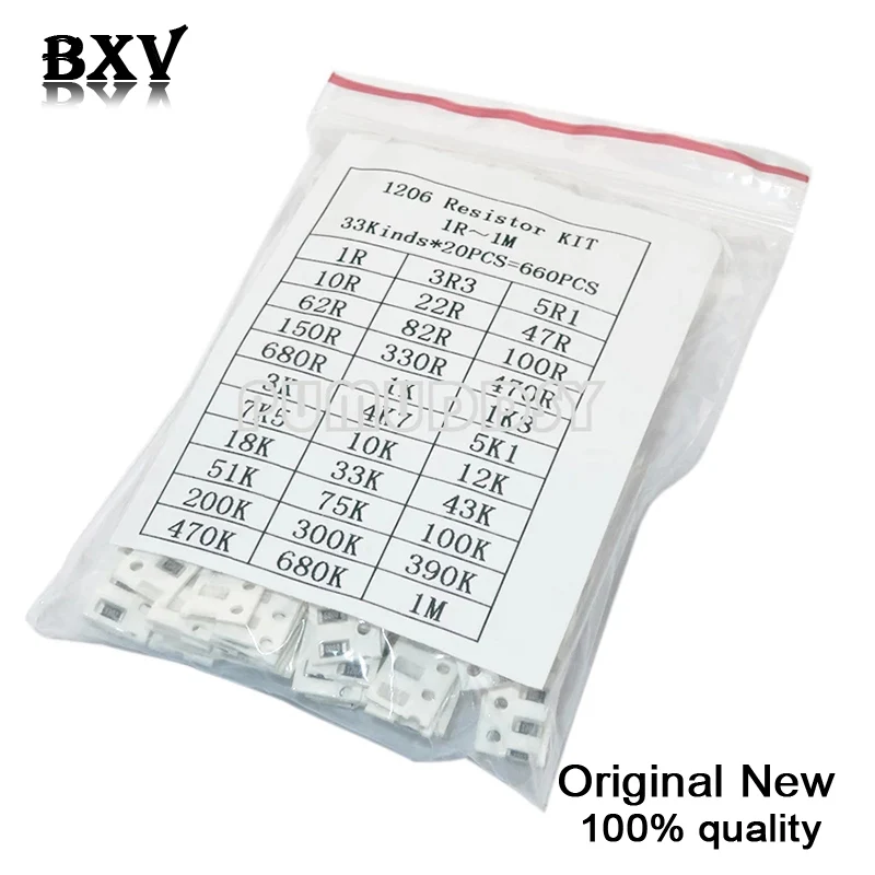 1206 SMD Resistor Kit Assorted Kit 1ohm-1M Ohm 1% 33ValuesX 20Pcs=660Pcs Sample Kit IBUW