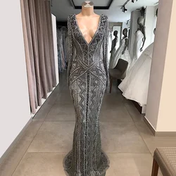 Haute Couture Sexy Deep V Neck Mermaid Evening Dresses Long Sleeves Luxury Beaded Prom Gowns Middle East Saudi Arabia