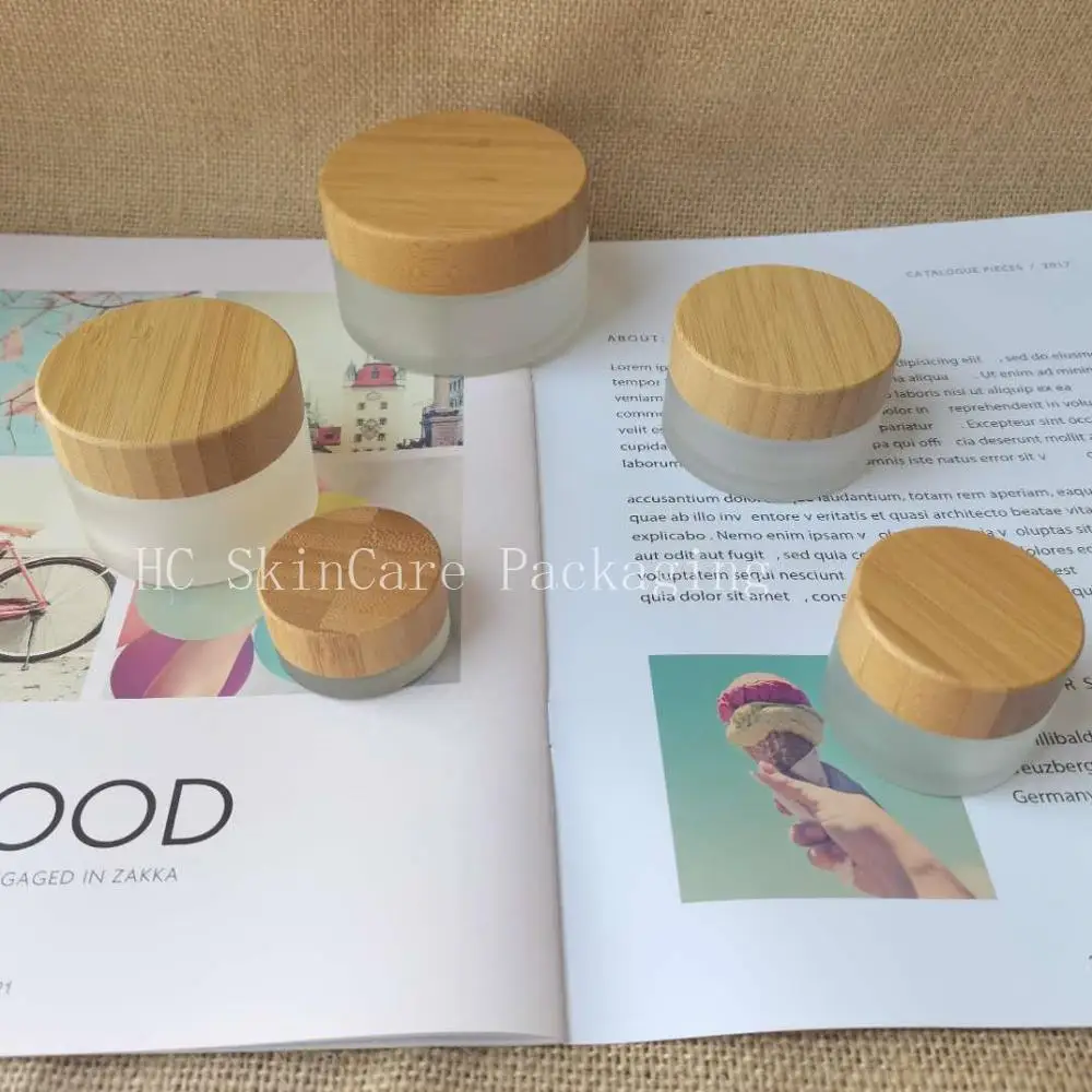 Wholesale Recycled Frosted Clear Glass With Engraved Bamboo Lid,Skin Care Cream Jar Glass For Face Cream Lip Gloss Packaging