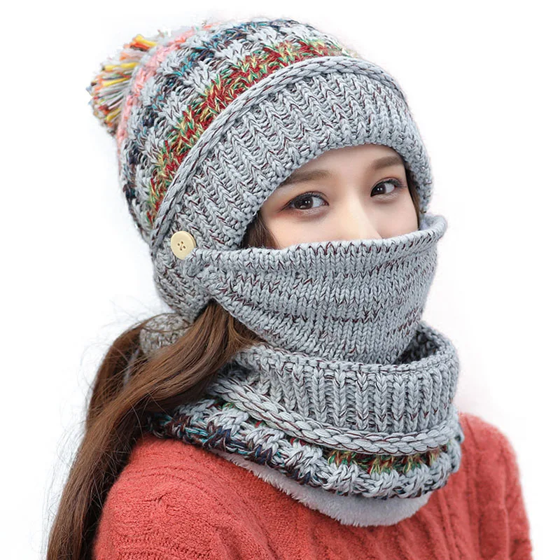 2020 Hat winter women\'s Mask balaclava Hat for girls Scarf Thick Warm Fleece Inside Knitted Hat Scarf Set 3pcs Winter Hats