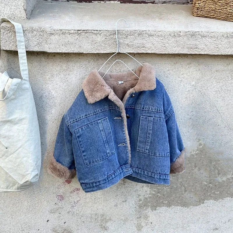 Thick Warm Kids Boys Girls Denim Jacket Autumn Winter Velvet Fur Jean Coats Outerwear 2021 New Fashion Children Overcoat