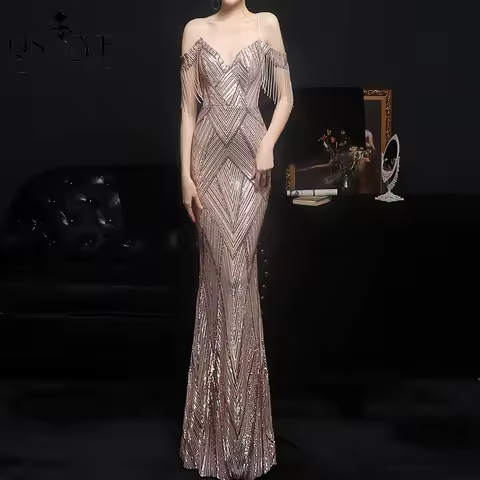 Pattern Lace Gold Evening Dresses Beadings Straps Side Sleeves Prom Party Dress Golden Sequin Mermaid Long Women Formal Dress