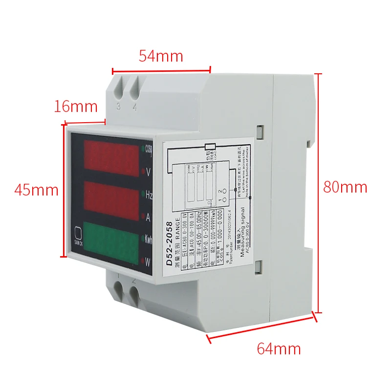 D52-2058 Wattmeter Din Rail Volt Stroom Meter Power Factor Digitale Meter AC80-300V Multifunctionele Kwh Hz Meter 0-100A