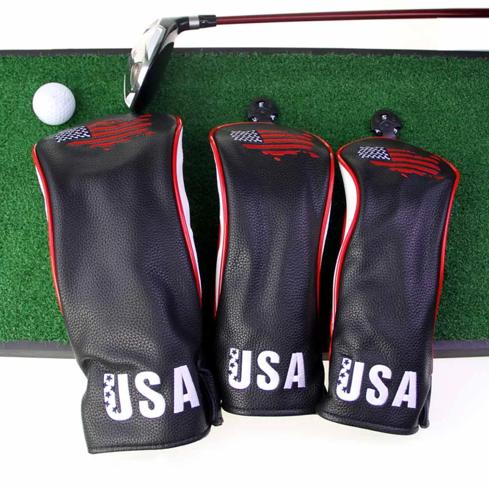 3Pcs/Set USA Golf Head Cover PU Leather Golf Club Head Covers Set of Driver 1 3 5 Fairway Woods Headcover for Golf Club