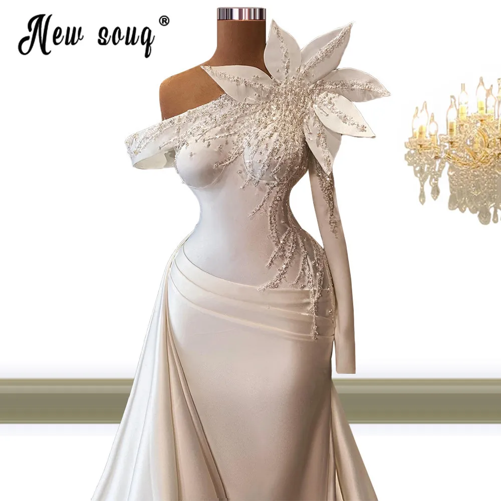 Simples fora do ombro cetim longo vestido de casamento 2021 aso ebi pérolas 3d flores vestido de festa à noite com vestido de baile de formatura branco destacado