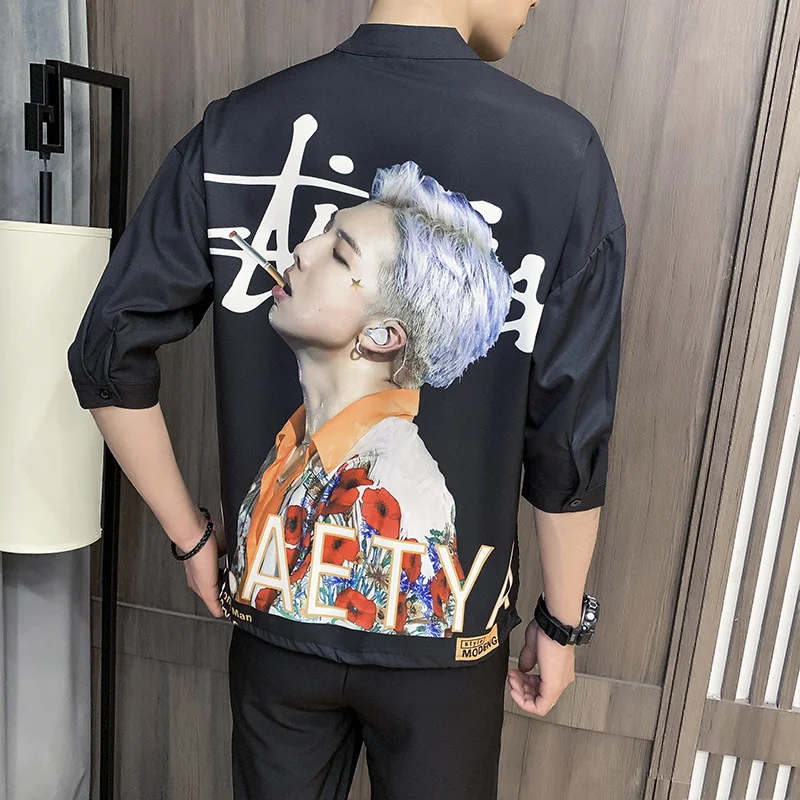 New 2022 Pullover Shirt Mens Summer Vintage Loose Print Korean Style Harajuku Male Fashion Casual Classic Blouse High Street