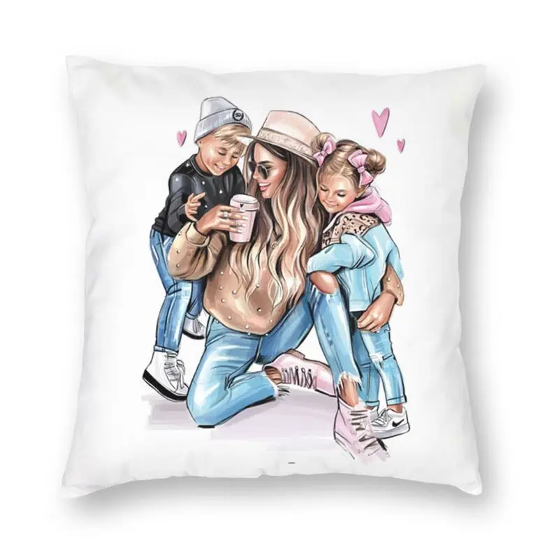 Vogue Super Mama And Baby Cushion Cover Sofa Home Decorative Cartoon Mom Family Life Square Throw Pillow Cover 45x45