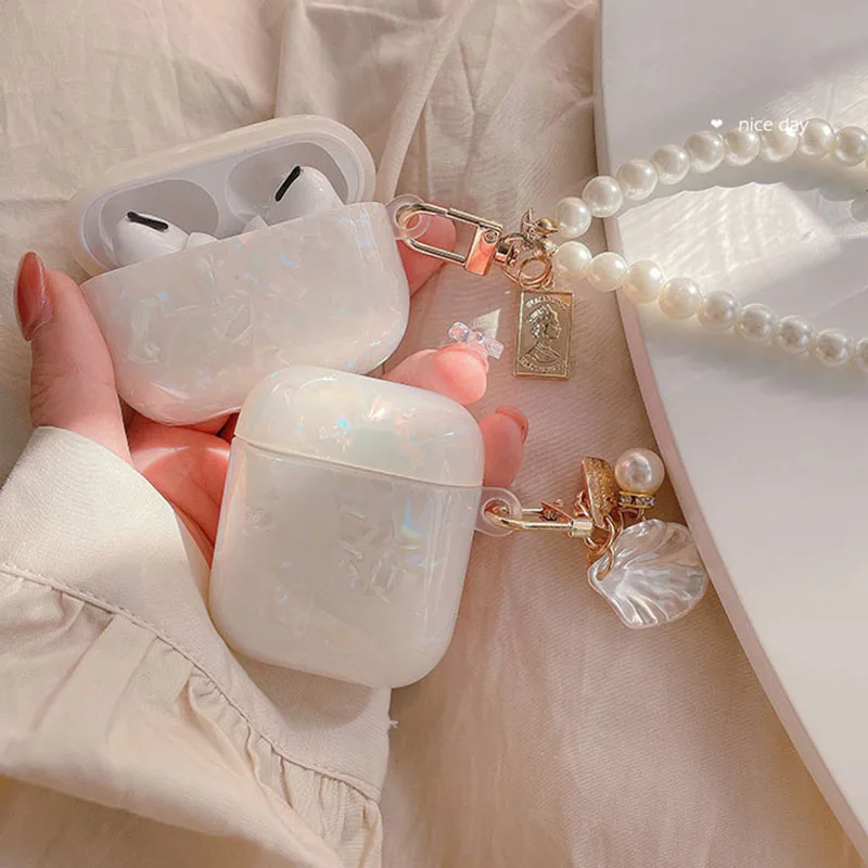 Dream Colorful Shells Headset Cover For apple airpods 3 Air Pod 3 Earphone Cases For airpods 1 2 3 Pro funda Cute Pearl Keychain