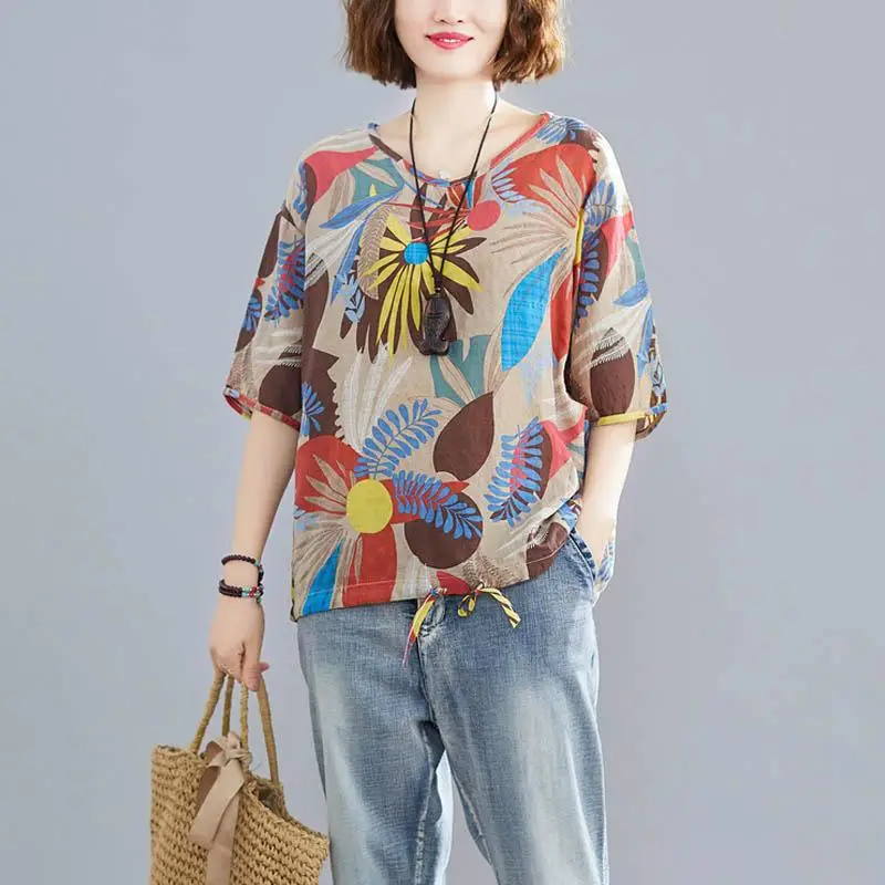 Oversized Cotton Linen T Shirt Summer Women Floral Print Tshirt Casual V Neck Tops T-Shirt Femme Vintage Tee Shirts 2022