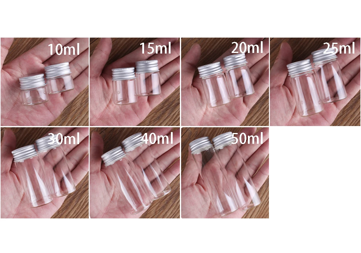 4 pieces Diameter 30mm 10ml-15ml-20ml-25ml-30ml-40ml-50ml Glass Bottles with Aluminum Lids 7 sizes U-pick