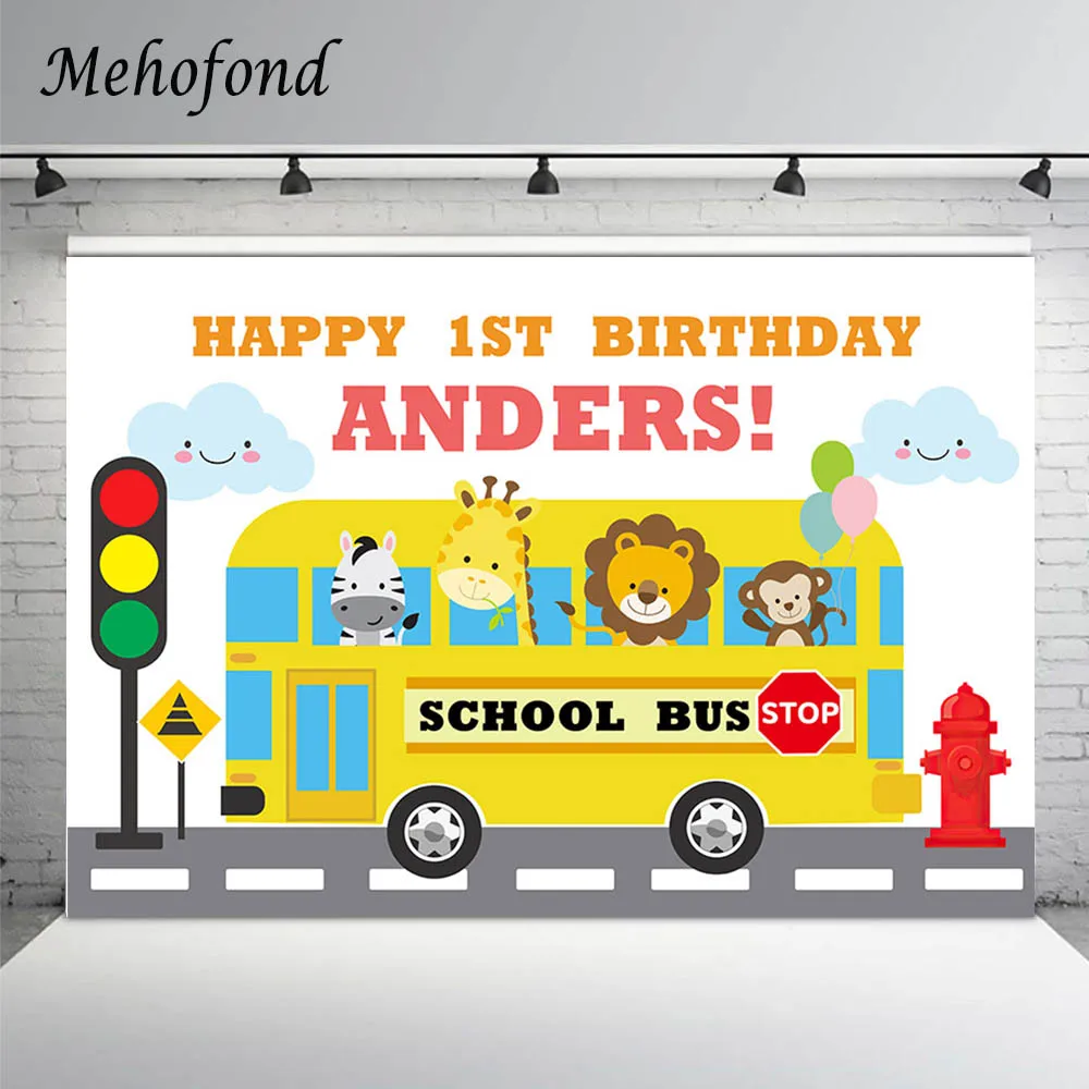 

Mehofond Happy 1st Birthday Banner Backdrop Cartoon Animals School Bus Traffic Light Baby Custom Photography Background Shooting