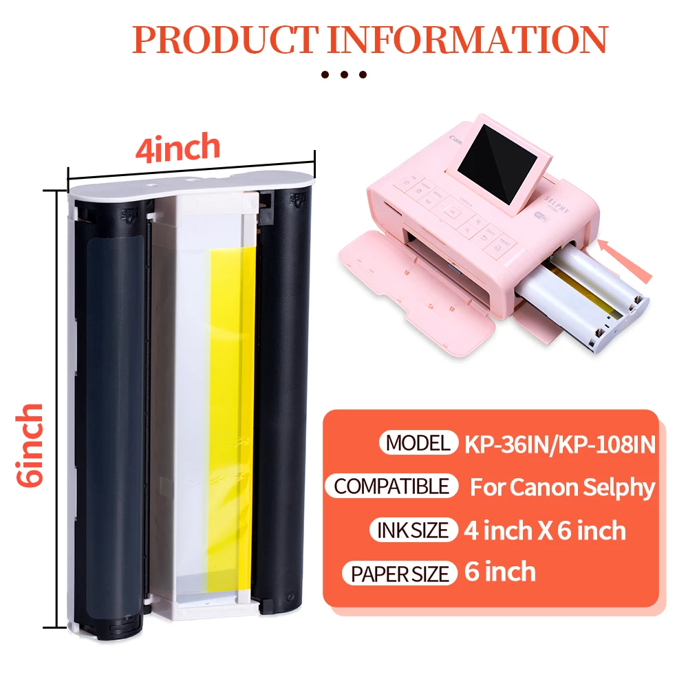 KP 108IN 3 High Capacity Color Ink Cartridge Cassette and 108 Paper Glossy Compatible Canon Selphy CP1300 CP1200 CP910 CP1500