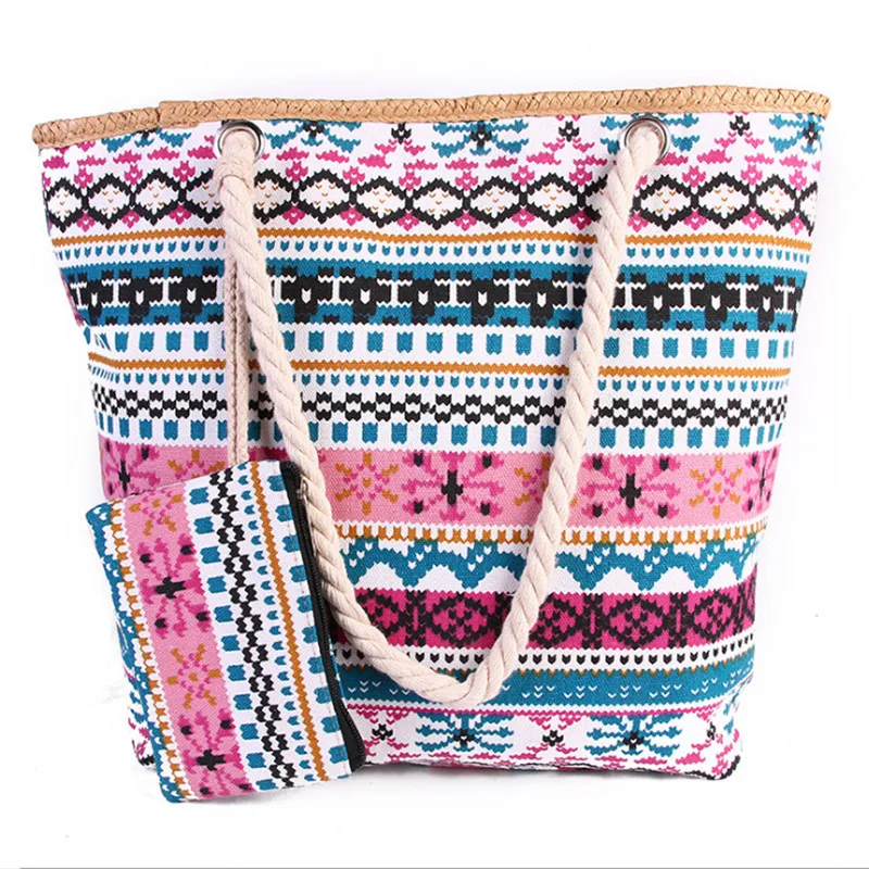 Bolso de mano de lona para mujer, bolsa de mano de lona de 2 piezas, a rayas de colores, de gran capacidad, estilo bohemio, informal, para la playa, novedad de 2022