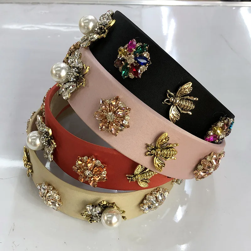Baroque Big Rhinestone Headband Hairband for Women Girls Metal Bee Beads Flower Head Hair Accessories