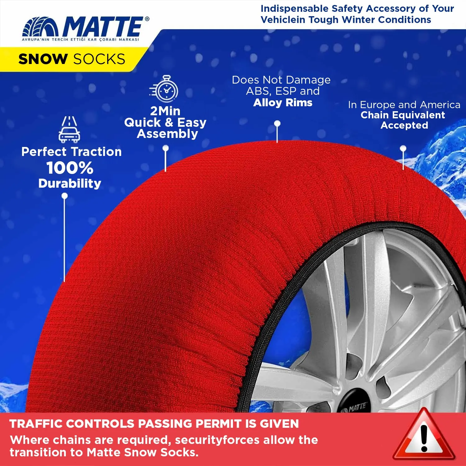 Car Tire Snow Socks for Winter Easy Grip - Active Series (Textile Snow Chain - For Safe Driving on Snowy & Icy Road) Ice Drive