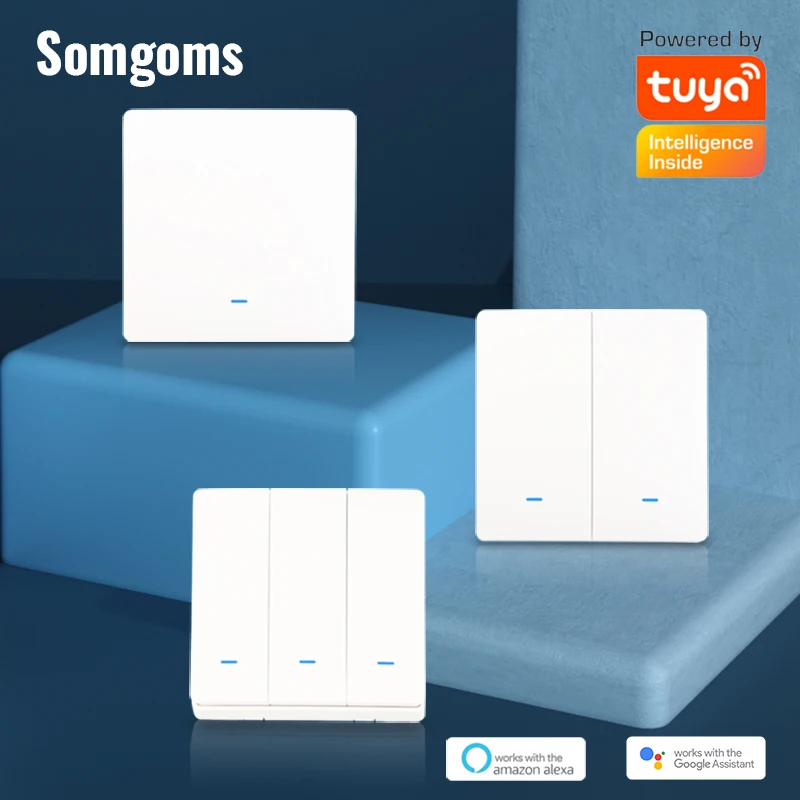 Smart Switch WiFi Push Button Wall Light Switches EU AC220V Without Neutral Tuya Wireless Control Alexa Google Home Compatible