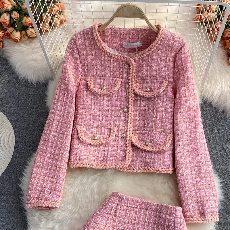 Blazer Mini Skirts Suits Women Plaid Short Two Piece Set Autumn Pink White Slim Tweed Jacket Half Skirt Female Two-Piece Sets