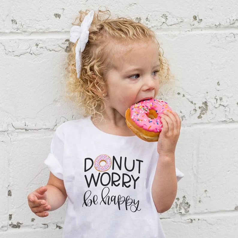 

Donut Worry Be Happy Cute Print Baby Girls Short Sleeve T-shirt Funny Kids Tee Shirts Children Kawaii Tops Clothes,oHKP5386