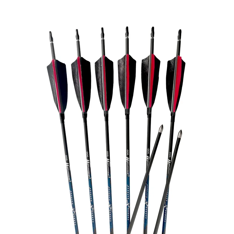 Carbon Arrow Spine 400 500 600 900 ID4.2mm Arrow with Black and Blue Color Turkey Feather Vanes for Recurve/Compound Bows Archer