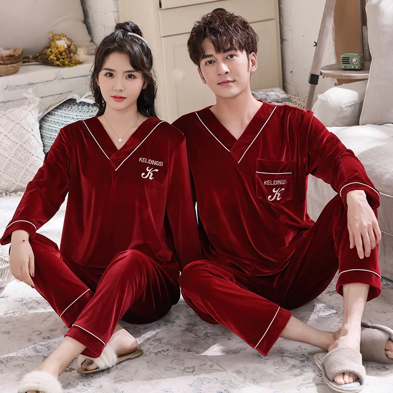 Young Lover Pajamas Gold Velvet Women Long Sleeve Autumn Winter Pyjama Loose Men Couple Pijama Set Warm Sleepwear Top+ Pant